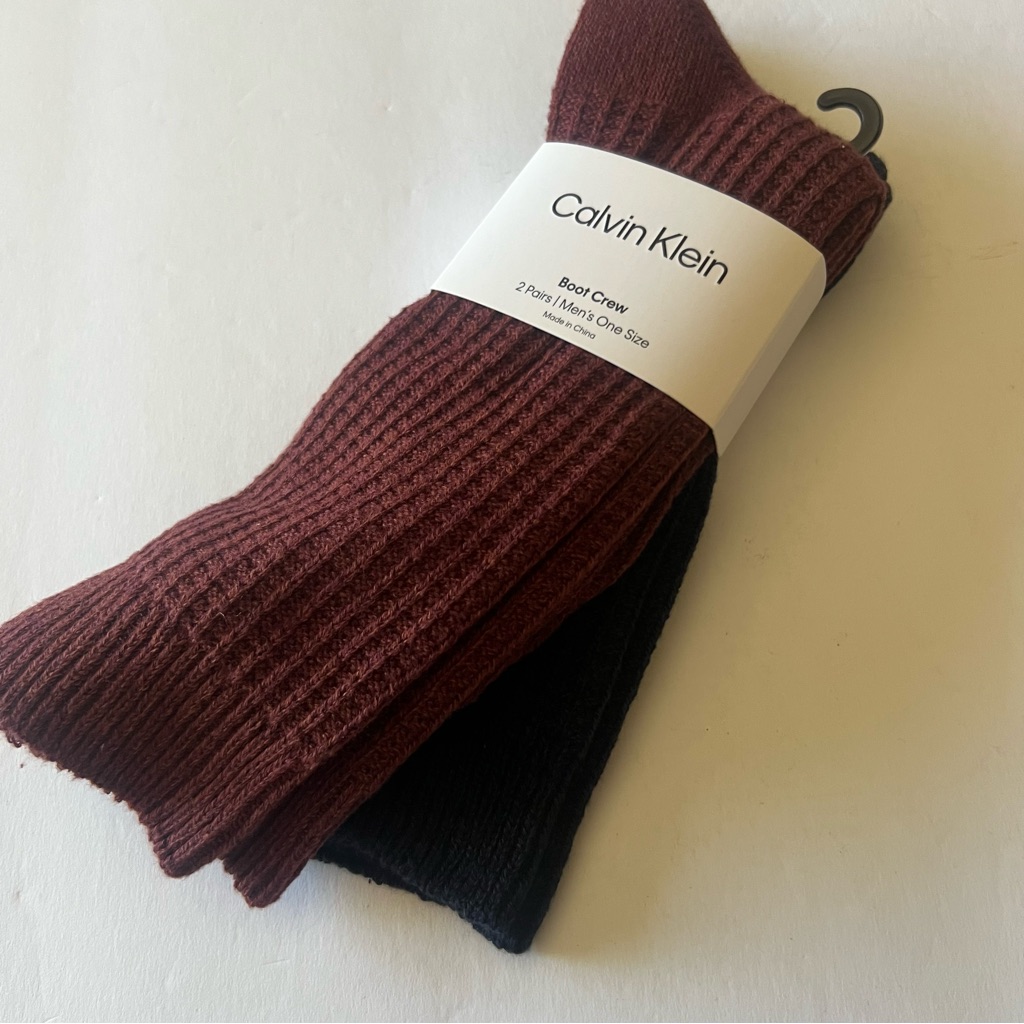 Calvin Klein Mens 2 Pair Pack Combed Cotton Boot Socks Crew Burgundy Navy Os Nwt